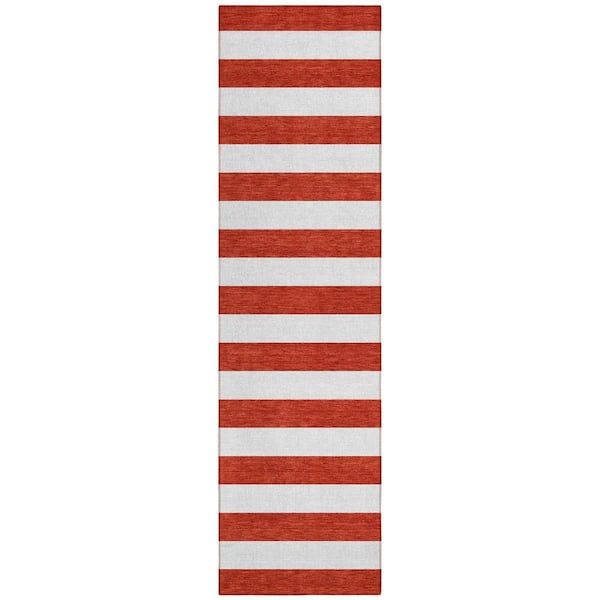 Red and White 2 ft. x 8 ft. Woven Striped Polyester Runner Indoor/Outdoor Area Rug