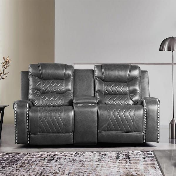 Lazzara Bergen 77.5 in. W Gray Faux Leather Power Double Reclining Loveseat with Center Console, Receptacles and USB Port
