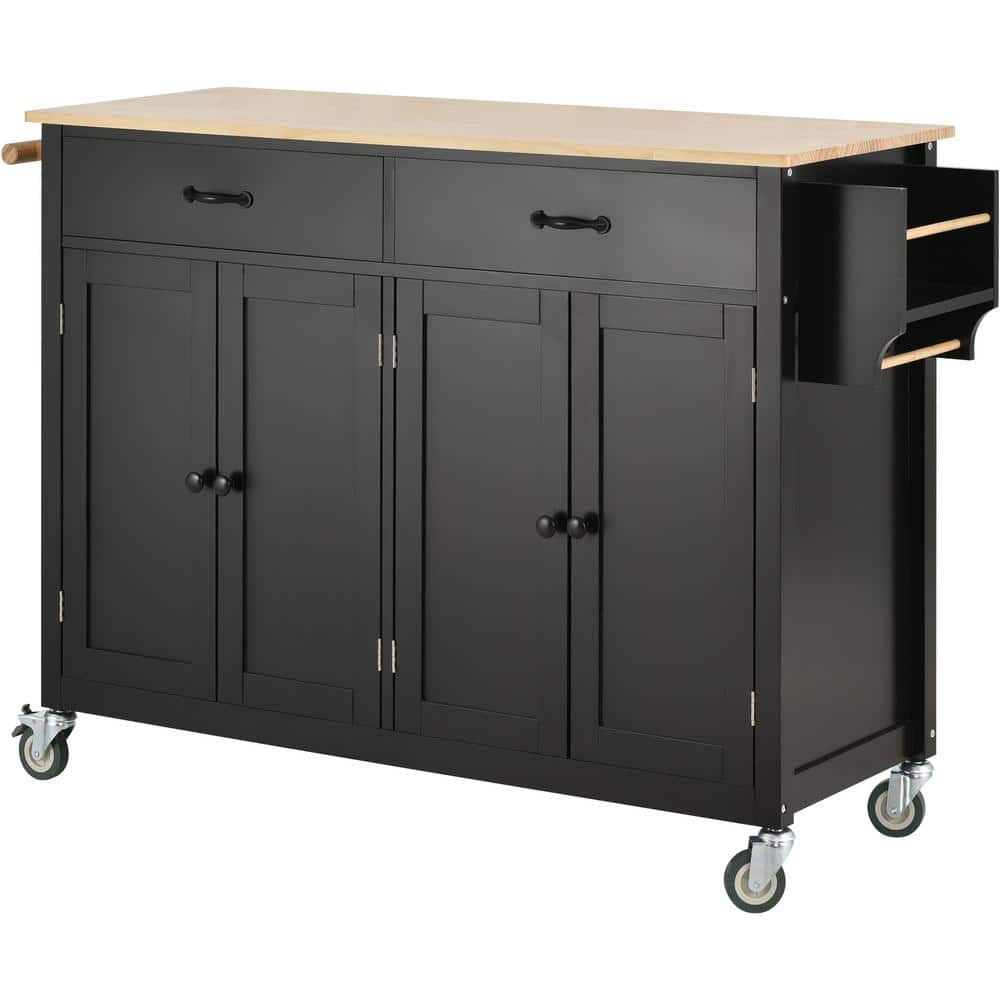 Black Solid Wood 54.3 in. W Kitchen Island with 2 Drawers and 4 Door ...