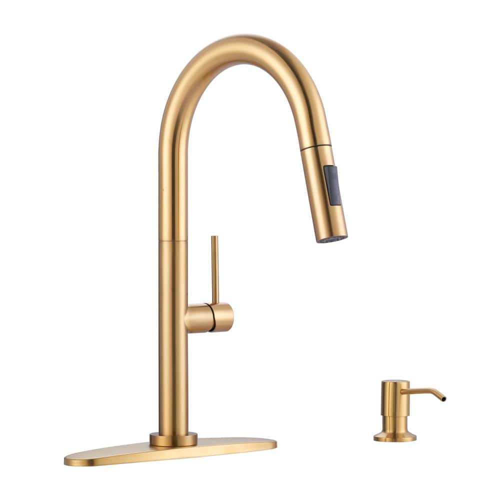 2-Functions Stainless Steel Single Handle Pull Down Sprayer Kitchen Faucet with Soap Dispenser Included in Brushed Gold price history on PriceWatchPro