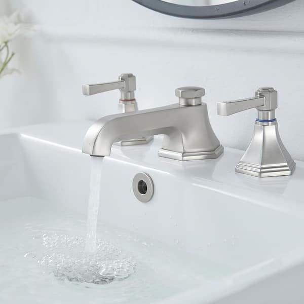 8 in. Widespread Double Handle Low Arc Bathroom Faucet with Drain Kit, Easy to Install, Drip Free in Brushed Nickel