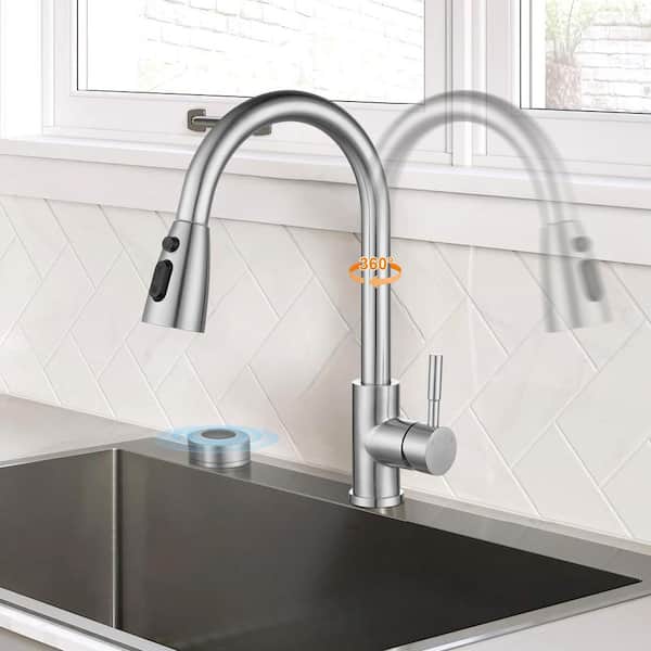 15.6 in. Single Handle Pull Down Kitchen Faucet with Movable infrared sensor and 360° swivel in Brushed Nickel