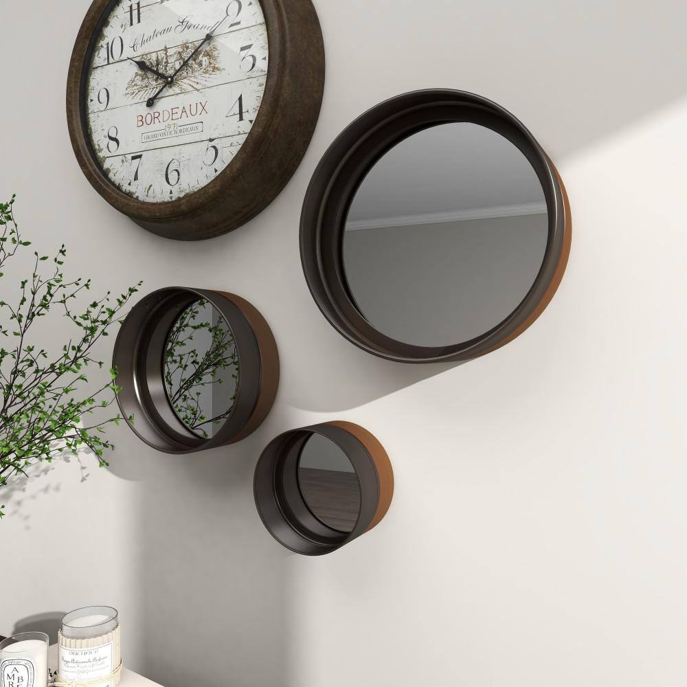 Set of 3 Round Bronze and Wood Wall Mirrors