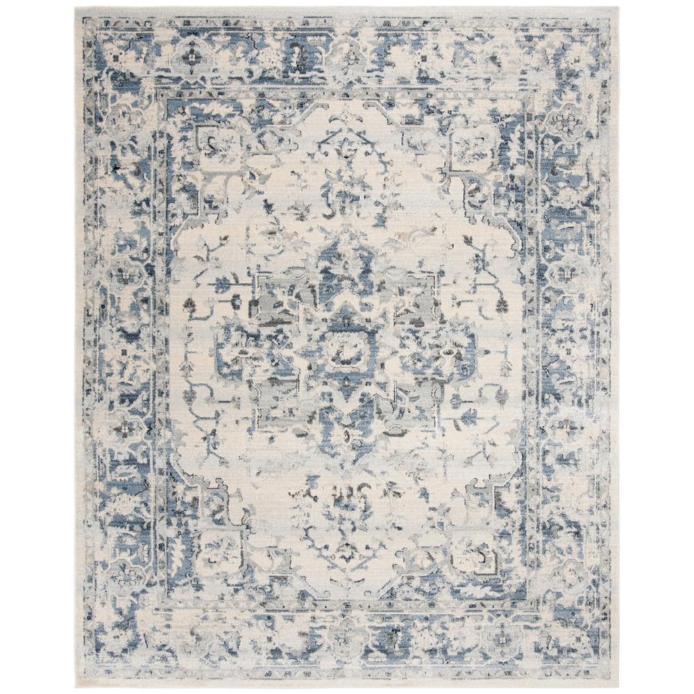 Ivory & Navy Distressed Oriental 9' x 12' Synthetic Area Rug