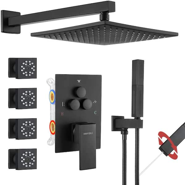 Single Handle 5-Spray Shower Faucet 1.8 GPM 10 in. Square Wall Mounted with Pressure Balance in. Matte Black with 4-Jet