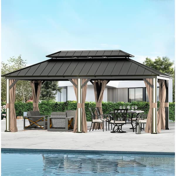 COVERED OUTDOOR OUTDOOR LIVING SPACES Ultra Series 12 ft. x 20 ft. Black Hardtop Gazebo with 4 LED Lights, USB Charging Port, Mosquito Netting and Curtain