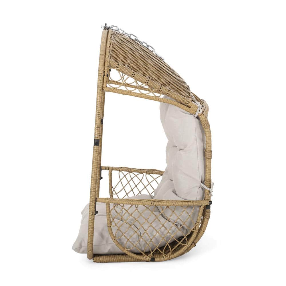 Scandinavian Light Brown Outdoor Egg Hanging Chair with Beige Cushions