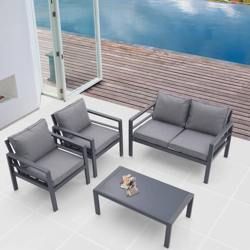 Grey 4-piece Aluminum Outdoor Sectional Set, Patio Conversation Set with Re
