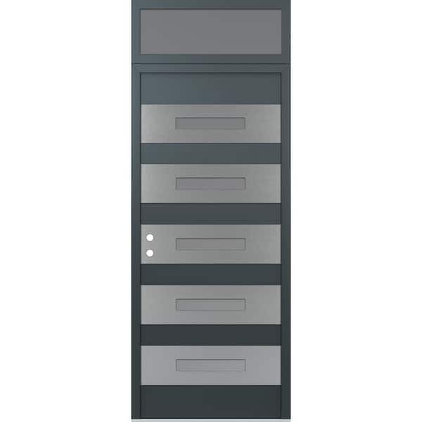 D9 36 in. x 96 in. Silver P Right-Hand/Inswing Frosted Glass Anth/Anth Transom Steel Prehung Front Door