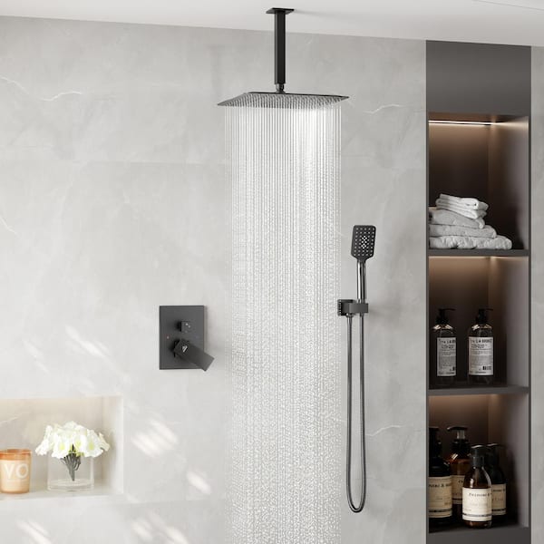 Square 3-Spray Patterns 12 in. Ceiling Mount Rain Dual Shower Heads with Handheld and Valve in Matte Black
