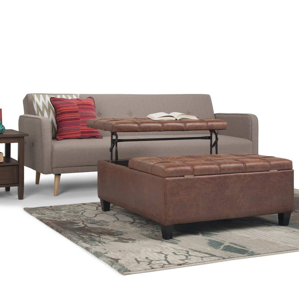 Harrison Distressed Umber Brown Faux Leather Tufted Cocktail Ottoman