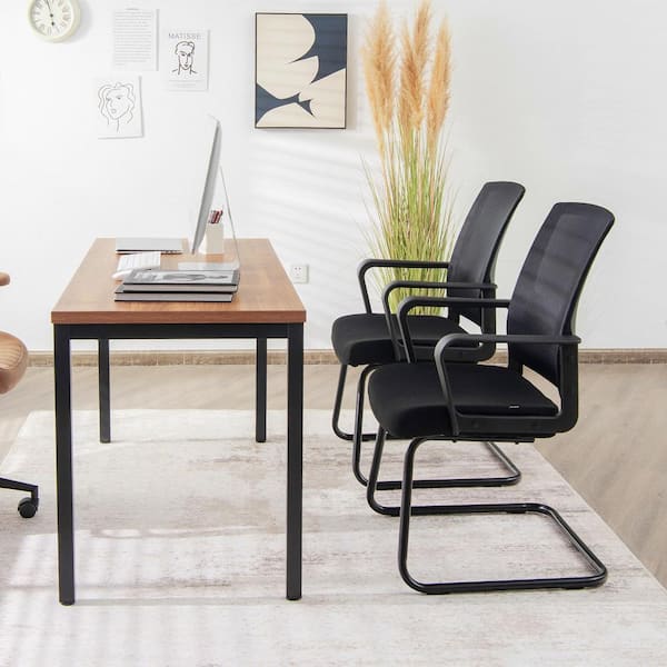 Set of 2 Black Conference Chairs Mesh Reception Office Guest Chairs w/Lumbar Support