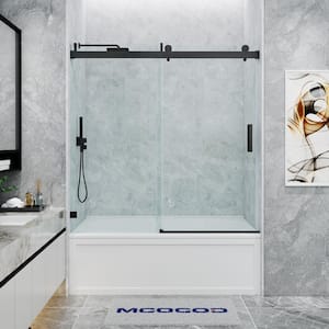 56-60.5 in. W x 66 in. H Single Sliding Frameless Soft Close Tub Door in Matte Black with 3/8 in. Clear Glass