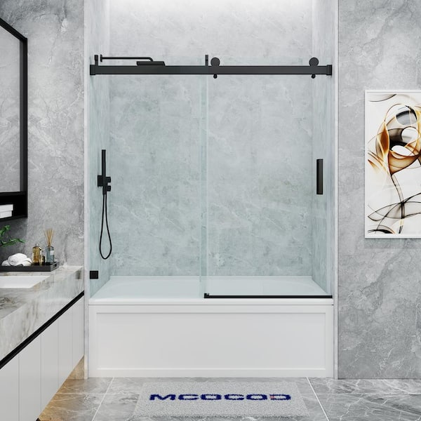 MCOCOD 60 in. W x 66 in. H Single Sliding Frameless Soft Close Tub Door in Matte Black with 3/8 in. (10 mm) Clear Glass