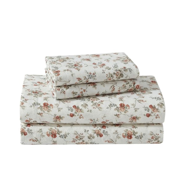 Laura Ashley Le Fleur 4-Piece Orange Cotton Flannel Full Sheet Set ...
