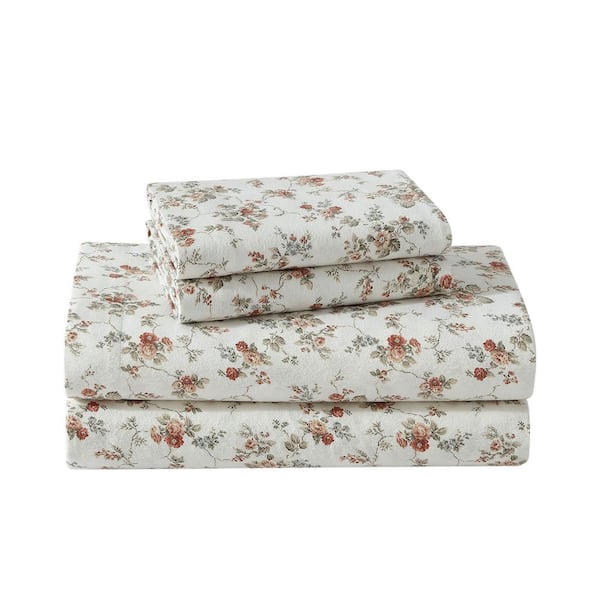 Laura Ashley Le Fleur 4-Piece Orange Cotton Flannel Queen Sheet Set