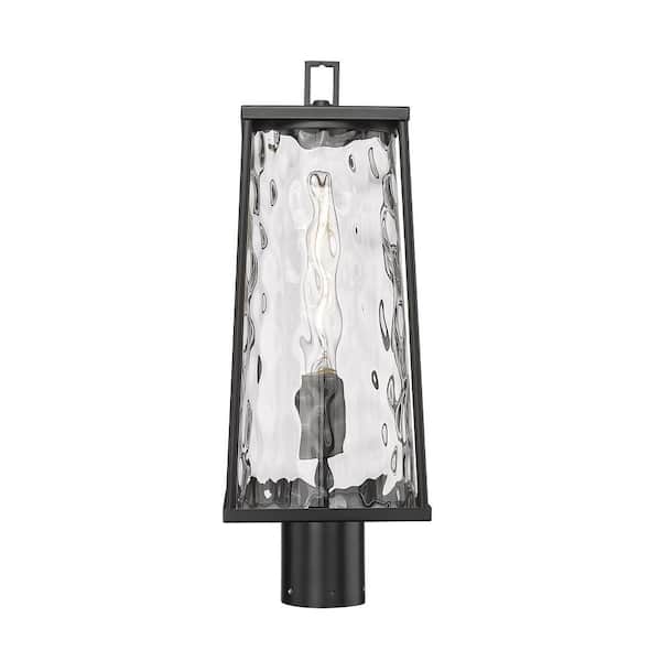 Dutton 1-Light Black Steel Line Voltage Outdoor Weather Resistant Post Light with Clear Water Glass No Bulb Included