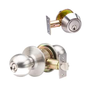 ECB Stainless Steel Grade 3 Cylindrical Entry Door Knob 2-3/4 in Backset Lockset and Single Cylinder Deadbolt Combo Pack