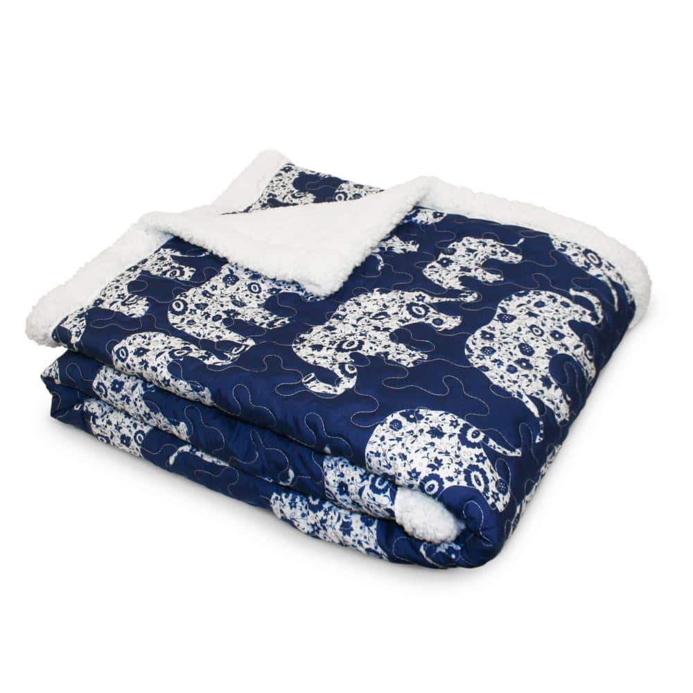 Navy Elephant Parade Reversible Sherpa Throw Blanket