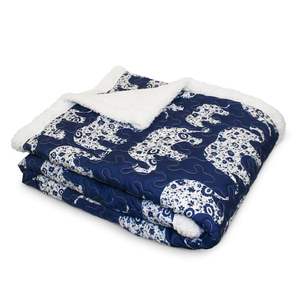 Lush Decor Elephant Parade Navy Sherpa Throw