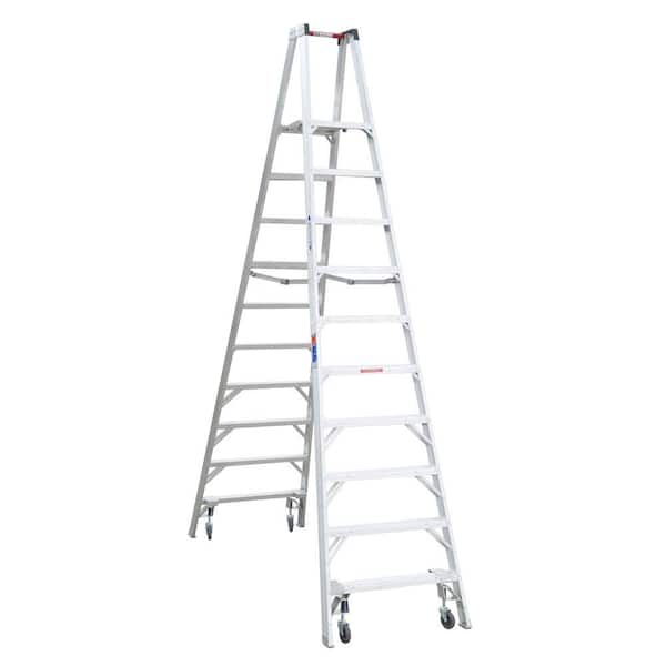 Werner 10 ft. Aluminum Platform Twin Step Ladder (16 ft. Reach Height) with Casters 300 lb. Load Capacity Type IA Duty Rating