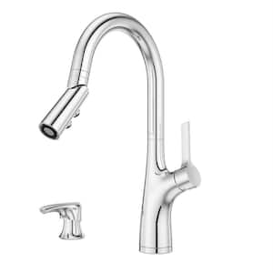 Ceylon Single Handle Pull Down Sprayer Kitchen Faucet with Deck Plate and Soap Dispenser in Polished Chrome