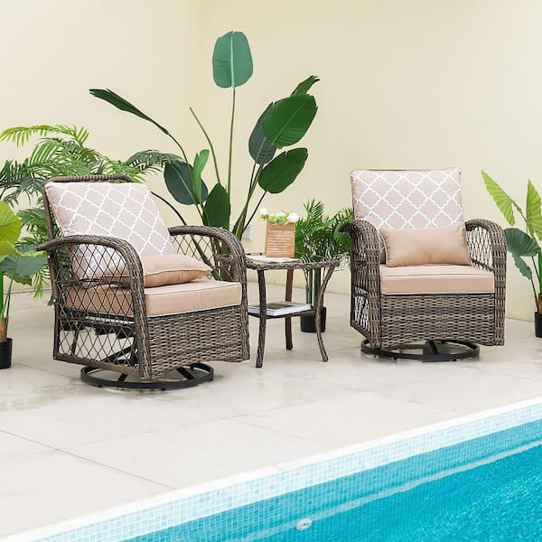 3-Piece Wicker Patio Conversation Set Swivel Rocker Set-2 Rocking Chairs 360° with Coffee Table
