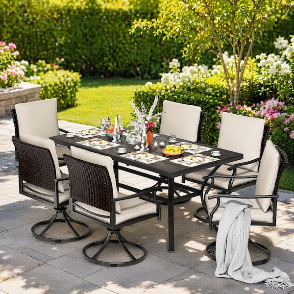 7-Piece Metal Outdoor Sectional Set Patio Dining Set with 6 Swivel Dining Chairs, Beige Cushions and Umbrella Hole