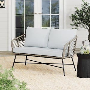 Flow Matte Black Aluminum Frame Outdoor Patio Loveseat Sofa with Pale Gray Cushion and Rattan Accent