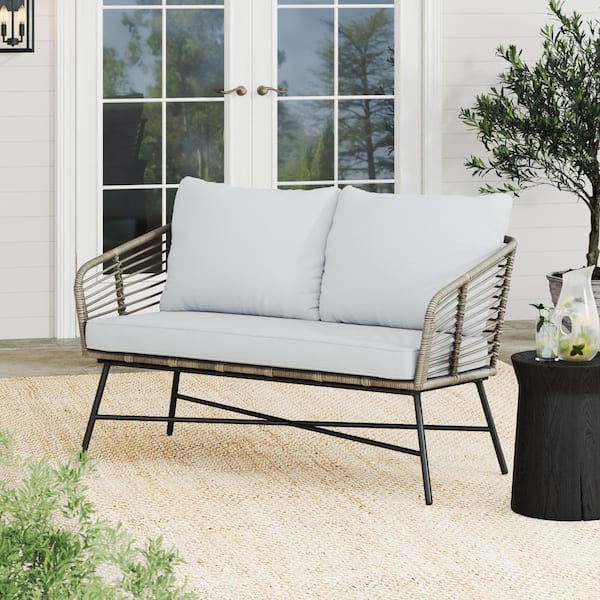 Nathan James Flow Matte Black Aluminum Frame Outdoor Patio Loveseat Sofa with Pale Gray Cushion and Rattan Accent