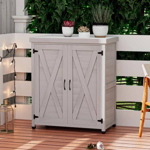 31 in. W x 17 in. D x 36 in. H Gray Solid Wood Outdoor Storage Cabinet with Metal Table Top