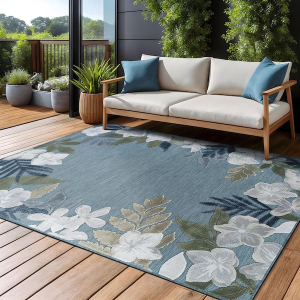 Eden 9 ft. x 12 ft. Aqua  Washable Border Floral Indoor Outdoor Area Rug