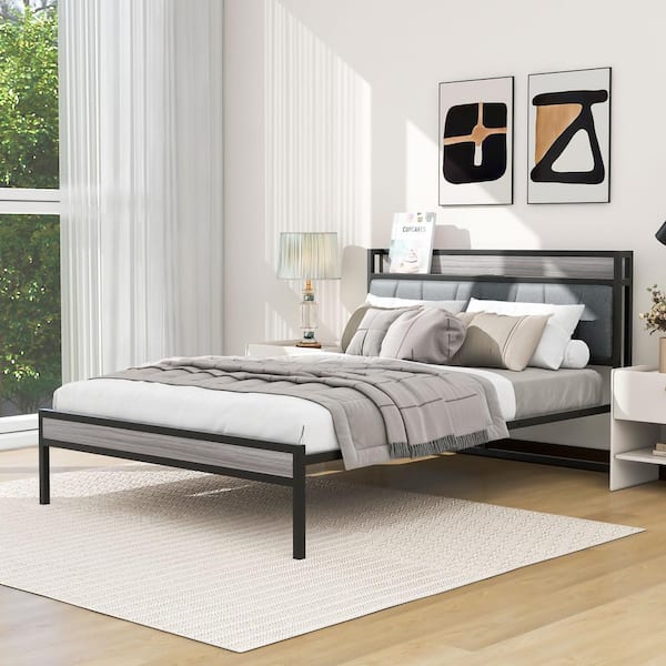 Polibi Black Metal Frame Full Size Platform Bed with Upholstered ...