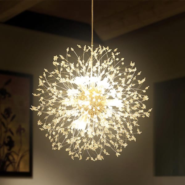 12-Light Gold Modern Glam Crystal Firework Pendant Sputnik Starburst Unique Sphere Chandelier with 32 Crystal Strands