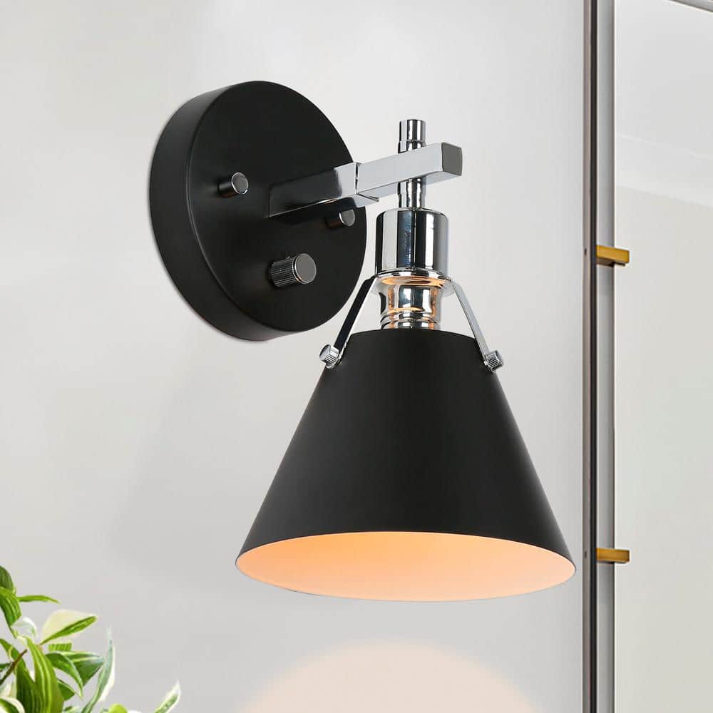 Home Decorators Collection Granville Collection Modern 1-Light Black & Chrome Bell-shaped Wall Sconce Unique Damp-rated Bathroom Vanity Lighting -  HA04849BC
