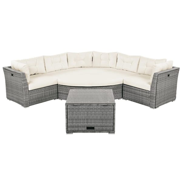Rattan Metal Outdoor Daybed Rattan Sectional Furniture Set Patio Seating Group Sectional Set with Beige Cushions