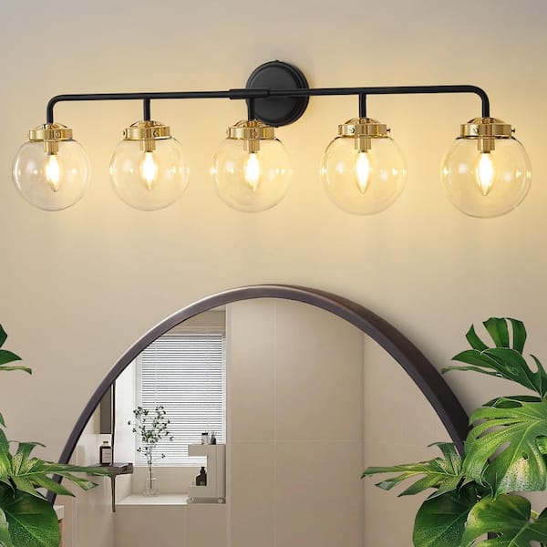 38.98 in. 5-Light Black and Gold Bathroom Vanity Light with Clear Glass Shades, Bulbs not Included