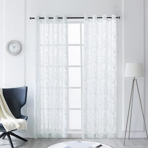 Lake Blue Floral Embroidered Grommet Sheer Curtain - 54 in. W x 54 in. L