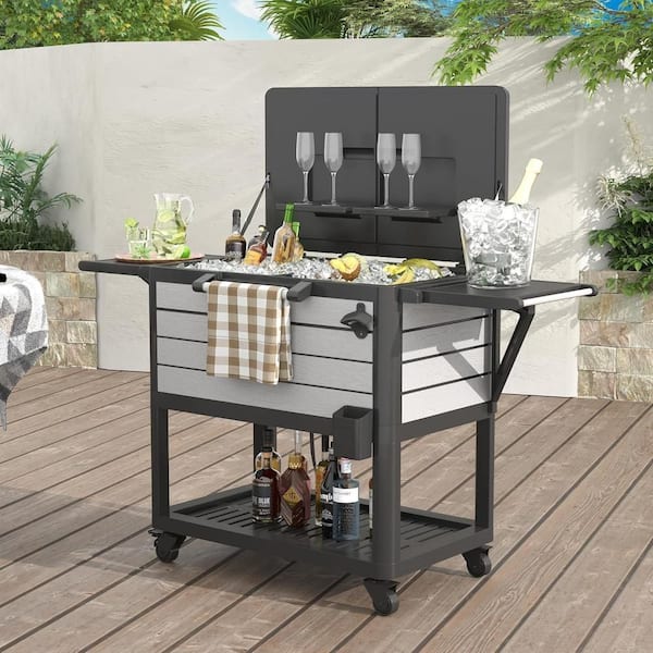 104-qt. Outdoor Cooler Cart, Portable Cooler with Handles and Wheels, Large-Capacity Wood-Grain Cooler Bar