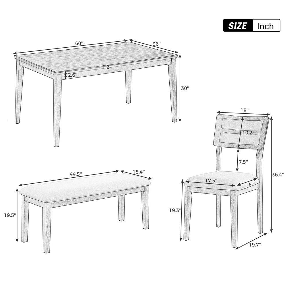 Scale drawings of the dining table and accompanying bench and chairs.