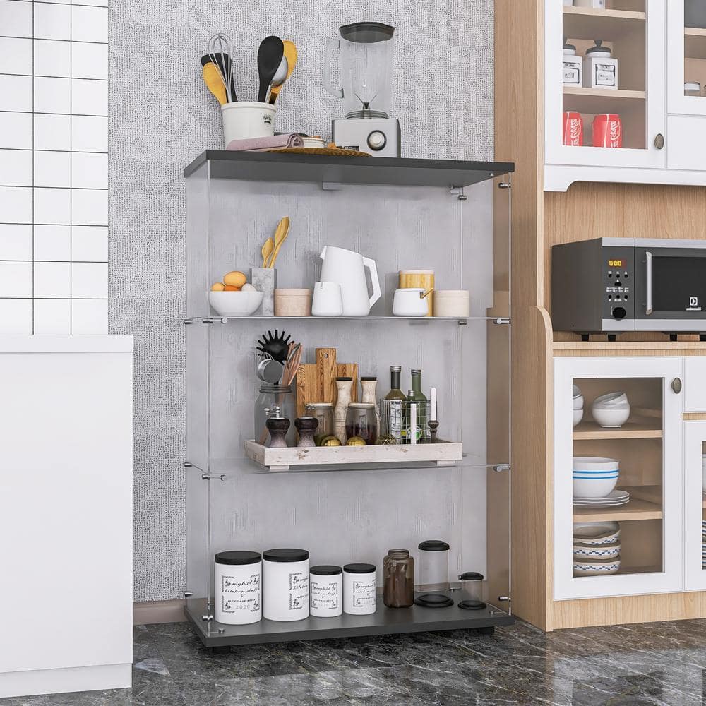 IDEAGLE 49.49 in. Black 3-Shelves Glass Display Storage Cabinet
