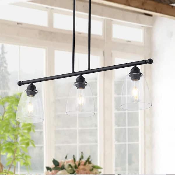 aiwen 30 in. 3-Light Black Kitchen Island Linear Pendant Light Metal Farmhouse Chandeliers with Glass Shade