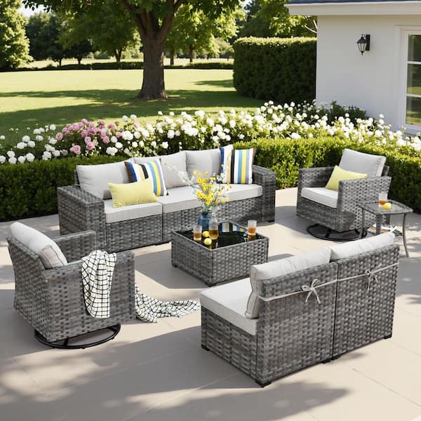 HOOOWOOO Tahoe Grey 9-Piece Wicker Wide Arm Outdoor Patio Conversation Sofa Set with Swivel Rocking Chairs and Beige Cushions