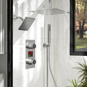 3-spray Dual Shower Head and Handheld Shower Head with LCD Temperature Display in Brushed Nickel(Valve Included)