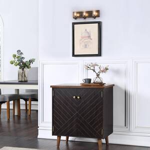 20 in. 3-Light Brushed Black Vanity Light with Seeded Glass Shades and Faux Wood Accents