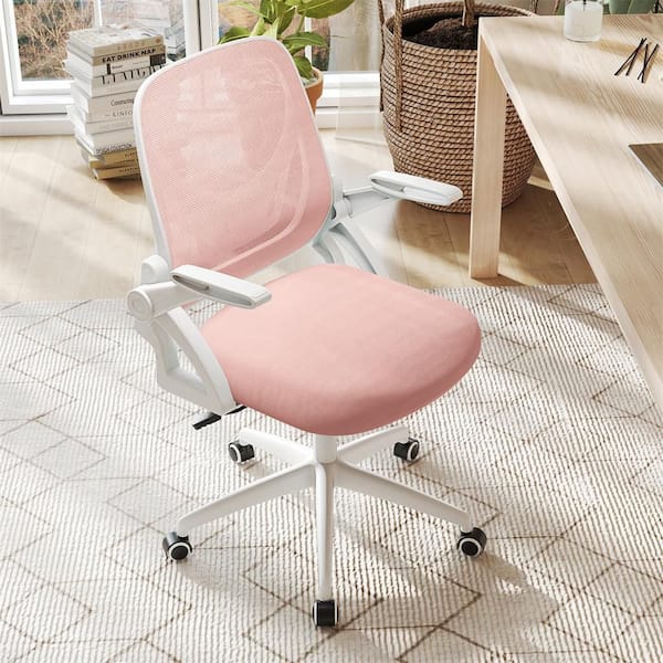 Mesh Adjustable Height Cushioned Ergonomic Standard Chair in Pink with Lumbar Support and Flip-up Arms Rolling Casters