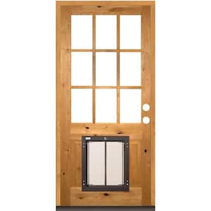 36 in. x 80 in. Left-Hand 9 Lite Clear Glass Stained Wood Prehung Door with Large Dog Door