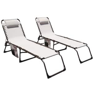Steel Adjustable Outdoor Folding Chaise Lounge Chair 3 Reclining Positions with Pillow and Pockets (2-Pack)