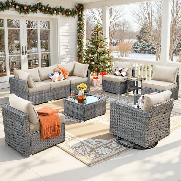 Daffodil F Gray 9-Piece Wicker Outdoor Patio Conversation Sectional Set with a Swivel Rocking Chair and Beige Cushions