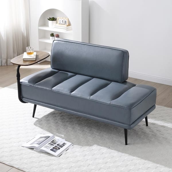 55 in Modern Gray Faux Leather Upholstered Sofa Couch with 360-Degree Swivel Tray and Metal Legs for Bedroom,Living Room